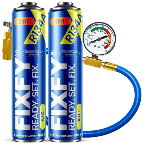 FIXFY 3 en 1 – Repuesto para refrigerante R134a con aceite y sellador – Kit de manguera y manómetro 500 x 2 ml – Autollenado de aire acondicionado en coches 1995 – 2016