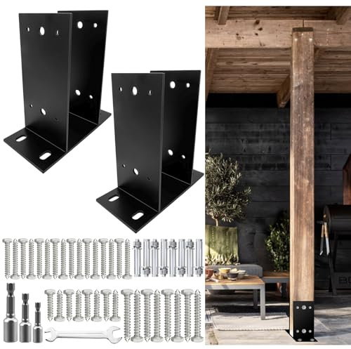 Qrooviiy 2 Pack Heavy Duty Post Base,Wood Fence Post Anchor Bracket for 8x6 6x6 Wood Post ,Black Concrete Support Anchor Base for Outdoor Deck Railings,Mailboxes,Pavilions,Porches,Log Cabins