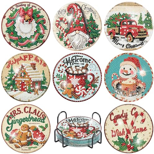 BEAYIOU 8 Pcs Diamond Painting Coasters,Christmas Diamond Painting Kits,Retro Diamond Art Coasters,5D DIY Full Drill Diamond Dots,Diamond Art Kits for Adults Arts and Crafts Supplies