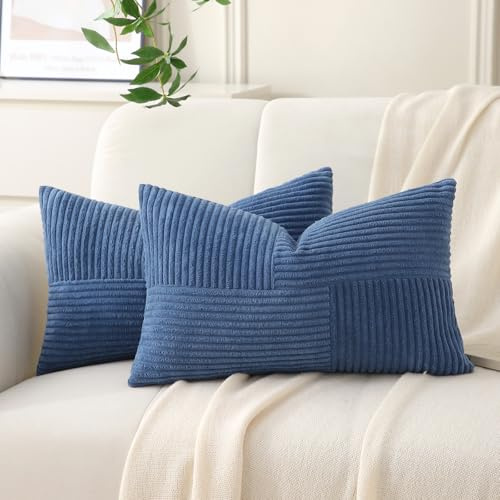 Yosodeko Denim Blue Lumbar Throw Pillow Covers 14x24 inch,Pack of 2 Soft Corduroy Cushion Covers with Patchwork Textured,Farmhouse Home Decor,Boho Decorative Rectangle Cushion Case for Couch Sofa