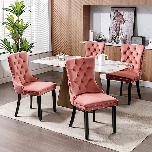 HomeTouch Luxury Velvet Dining Chairs Set of 4 Upholstered Knocker Wing Back Kitchen Chairs with Oak Wood Legs for Dining Room Bedroom Home Office, Hand Made (4, Pink)