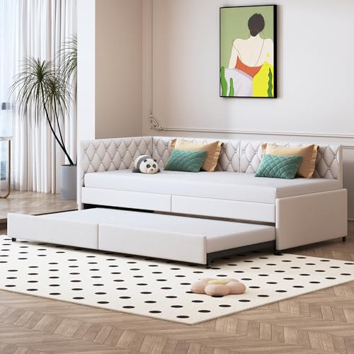 SUNFECILI Sofá Cama Extensible de 90/180x200 cm, sofá Cama Plegable de 2 plazas con función de Cama y somier de láminas, Cama tapizada Multifuncional, sin colchón, Terciopelo (Beige-C)