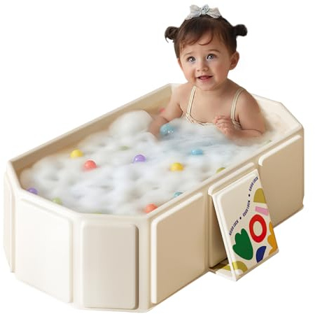 Baignoire Pliable pour Bébé et Enfant, Portable et Économisante en Espace, Convient de 0 à 8 Ans, Baignoire Multifonctionnelle avec Bouchon de Drain, Parfaite pour la Maison et les Voyages (Beige)