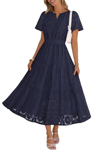 MEROKEETY Women's Summer Floral Eyelet Lace Maxi Dress 2026, Navy, M