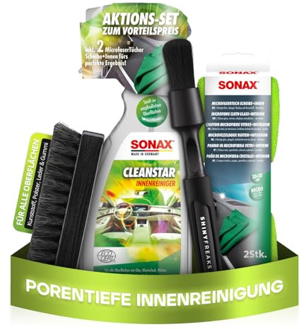 SONAX CleanStar (750ml) Innenraumreiniger Auto + Bürste + chemicalworkz Pinsel + Sonax Mikrofasertücher (2 Stk.)