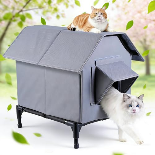 Casa para gatos al aire libre, casa para gatos impermeable al aire libre, refugio grande para gatos, casa para mascotas con base elevada, refugio para gatos salvajes, tienda de campaña aislada para