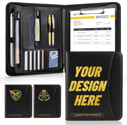 ENOMY Personalisiert Mappe A4 mit Reißverschluss PU Leder Mappe als Professionelle Business Dokumentenmappe und Konferenzmappe Schwarz