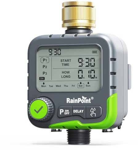 RAINPOINT Ordenador de riego con 3 Planes de riego Independientes, operación Simple, Doble conexión para Sensor de Lluvia y Panel Solar, función de retardo de Lluvia, IP65 Resistente al Agua