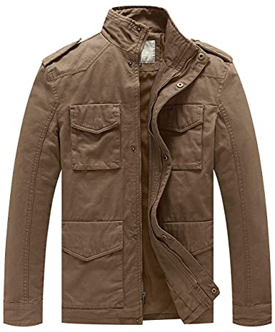 WenVen Men's Spring Tactical Military Windbreaker Cargo Jacket, Khaki, L