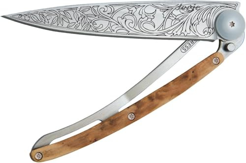 deejo - Couteau de Poche Pliant 37g avec Clip Ceinture - Manche en Genévrier, Lame en Acier Inoxydable - Motif Art Nouveau - Couteau de Table, Randonnée, Camping, Bivouac
