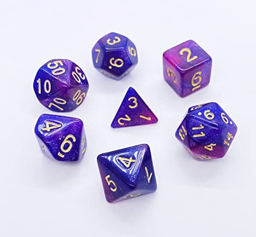 Kittro 7-seitige polyedrische Würfel, 7 Stück, Tischspiel-Würfel für Drachen und Dungeons, MTG, RPG, DND, D4, D6, D8, 2 x D10, D12, D20, inklusive Würfelbeutel (Sternenblau gemischtes Lila))