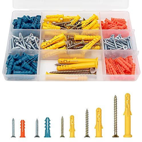 230pcs Plastic Drywall Wall Anchors and Screws Kit,Assortment Colors Plastic Anchors and Flat Head Screws in 5 Sizes,for Wall Hanging and Mounting in Home Office