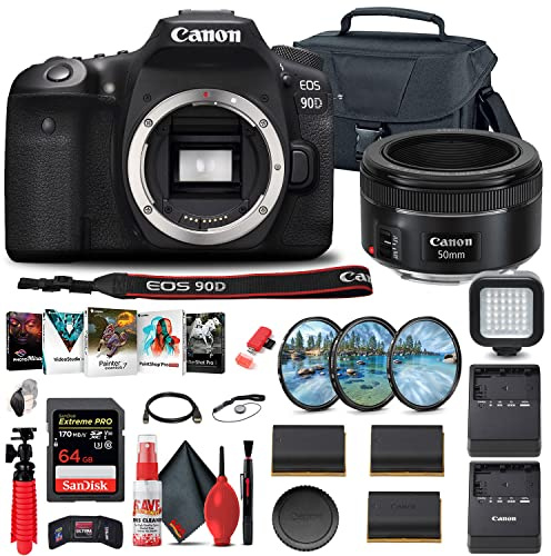 Canon EOS 90D DSLR Camera (Body Only) (3616C002), Canon EF 50mm Lens, 64GB Card, Case, Filter Kit, Corel Photo Software, 2 x LPE6 Battery, Charger, Card Reader + More