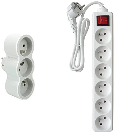 Legrand - Fiche multiprise avec 3 prises frontales avec terre - blanc et gris clair & Bloc 6 prises 16A 2P+T avec interrupteur blanc - Zenitech