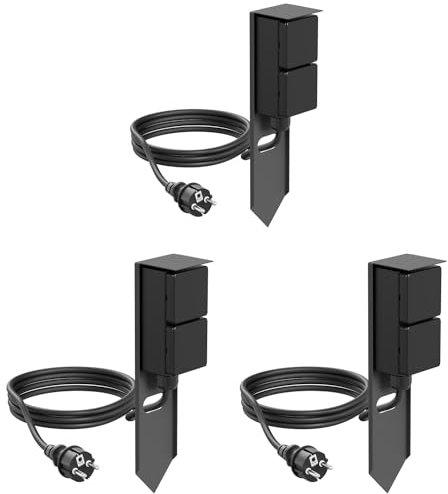 ledscom.de 3 Stück Garten Steckdosen-Säule PIWI mit Erdspieß und 2m Kabel für außen, IP44, 2-Fach, anthrazit