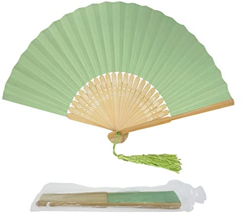 Paper Handheld Folding Fan with a Tassel and Grade A Bamboo Ribs for Women Girls Summer Party Favour Birthday Wedding Gift (Mint Green)