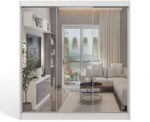 ML Furniture D3 Schiebetüren Kleiderschrank 200 cm mit Spiegel - Schlafzimmermöbel, Aufbewahrung - Mehrzweckschrank - Farbe: Weiß - 3 Schiebetüren