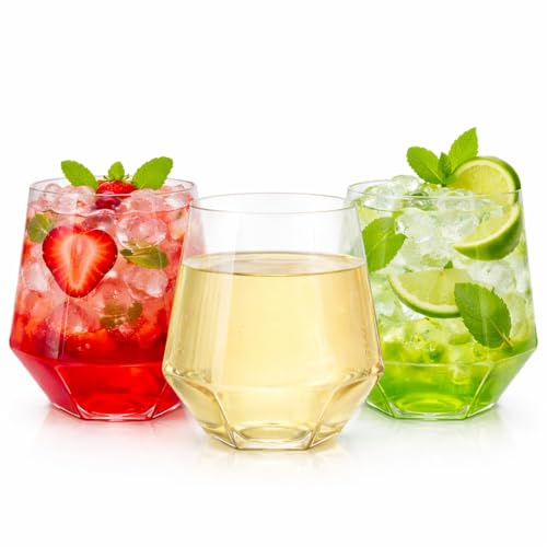 Oojami 40 count Diamond 12 Ounce Cups Unbreakable Stemless Plastic Wine Champagne Whiskey Glasses Elegant Durable Disposable Indoor Outdoor Ideal for Home, Office, Bars, Wedding (Clear)