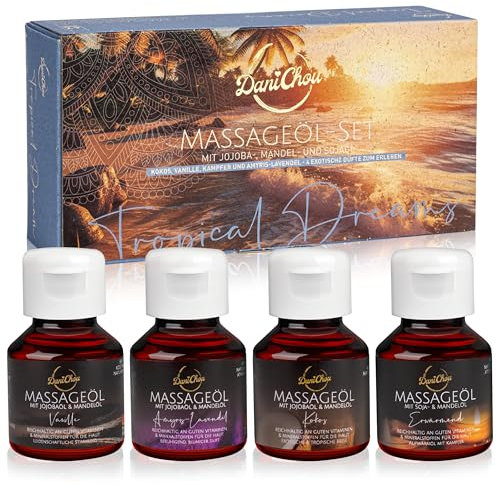 DaniChou – Massageöl Set 4x50ml – Tropical Dreams mit Kokos, Vanille, Lavendel & Kampfer, Geschenkset für Aromatherapie, Feuchtigkeitspflege & Wellnessmassagen – mit Jojoba- & Mandelöl, Vegan