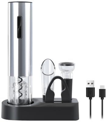 ELMWAY Electric Wine Opener Set – Rechargeable Corkscrew with Foil Cutter, Stainless Steel Shell, LED Light & Transparent Window, Wine Aerator Pourer, Vacuum Stopper & Base, Gift for Wine Lovers