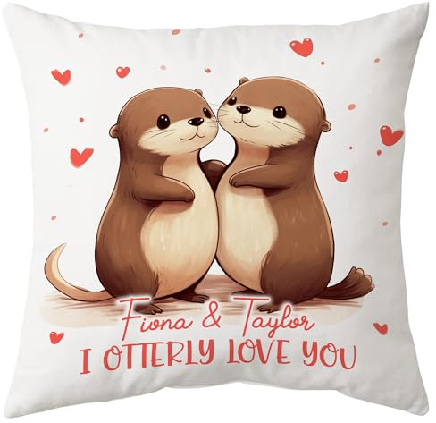 Hyturtle Personalized Otter Couple Pillow (Insert Included) Gifts for Couple Him Her Girlfriend Wife Husband - Valentine's Day Birthday Anniversary - Custom Name Sofa Couch Cushion Home Decor Pillow