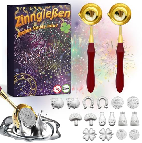 DADAPANGHU Zinngießen Set mit 2 Löffel und 16 Figuren, Gesunde Alternative zum Bleigießen Set und Wachsgießen Silvester Spiele mit Deutungen, Premium Zinn Giessen Wahrsagerei-Partyspiel Silvester Deko