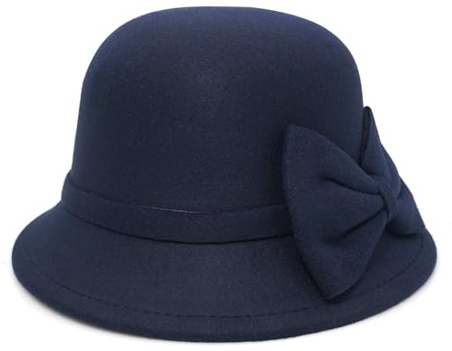 Buywis Cappello da donna in feltro, cloche, a bombetta, a fedora, a secchiello, stile anni '20, vintage, per chiesa, blu navy, Taglia unica