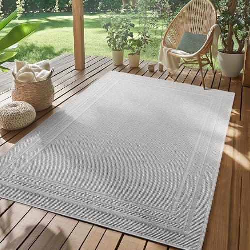SIMPEX Outdoor Teppich Wetterfest Grau 240x340 cm, UV-beständig, ideal für Küche, Balkon, Terrasse, Garten Wohnzimmer Esszimmer, Einfarbiges Design mit Bordüre, Pfelgeleicht
