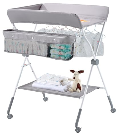 VEVOR Baby Changing Table, Foldable Diaper Change Station with Side Basket, Adjustable Height Portable Changing Table with Lockable Wheels, Multi-Functional Storage Organizer Nursery, Light Gray