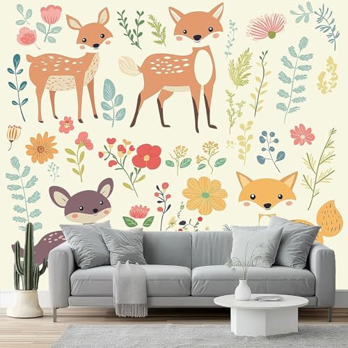 Fotomurales Bosque infantil con ciervos y zorros Papel Tapiz Moderno 250 x 175 cm Papel pintado tejido no tejido coración Pared corativos Sala Living Oficina Dormitorio Rosa Verde