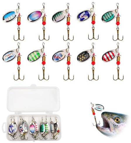 10Pcs Fishing Spinners Lures & Spinner Bait Set, Multi Colored Metal Spinners Fishing Lures with Rotating Blades & Treble Hooks, Artificial Baits for Trout Pike Bass Salmon Mackerel Perch Freshwater