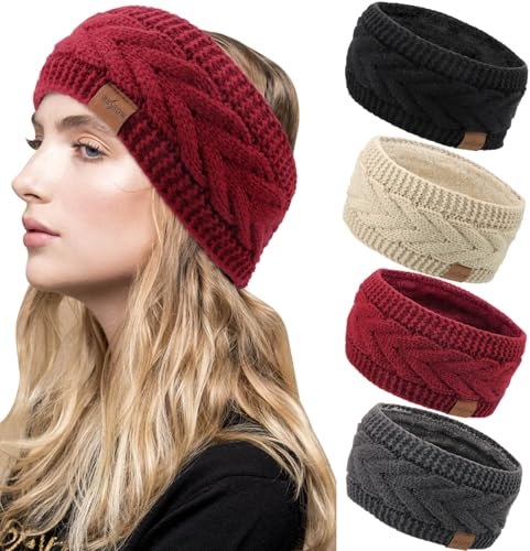 DRESHOW Women Warm Knitted Headband Winter Ear Warmer Crochet Head Wraps Thick Fleece Lining Hair Bands