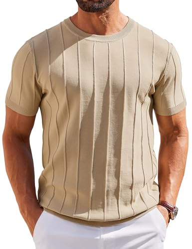 COOFANDY Camisetas Hombre Manga Corta Camiseta de Punto Rayas Jersey Verano Tshirt de Cuello Redondo Camiseta Basica
