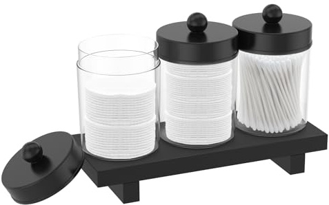 3Pcs Qtip Holder Dispenser Storage Organizer with Wood Tray, Transparent Apothecary Jars Bathroom with Lid for Cotton Ball, Cotton Swab,Cottons Round Pads, Floss, Makeup Sponges, Hair Clips(Black)