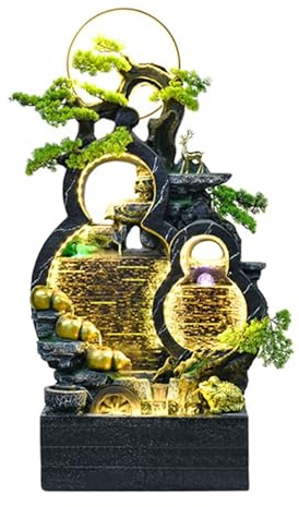 Porche Fontaine à Eau en Forme de Gourde sur Pied, Fontaine intérieure autoportante avec Brouillard d'eau, lumières LED et Verdure simulée Jardin(Noir)