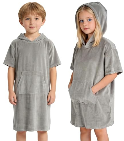 Poncho de Baño Infantil de Rizo, Albornoz para Niños de Algodón, Toalla Poncho Ligera para Playa y Surf, Toalla con Capucha y Bolsillo para Niñas, Niños y Adolescentes (Gris azulado, 10-13 años)