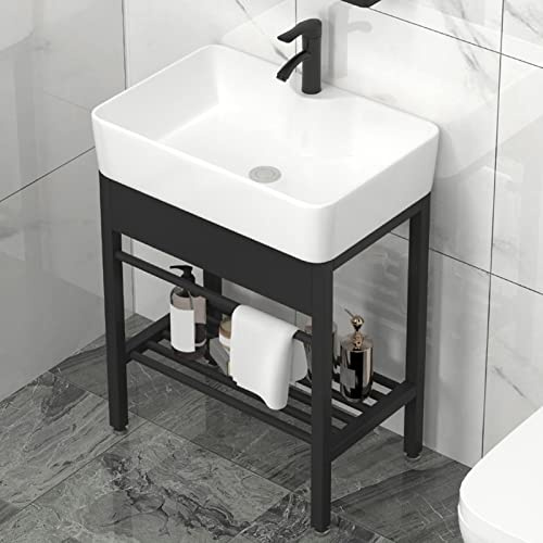 OREKPOT Bathroom Sink Wit Ceramic Wash Basin Sinks Free Standing Pedestal Laundry Porcelain Vessel Rectangle with Stainless Steel Metal Legs Stand Vanity,Wit-48x37cm/19x15in