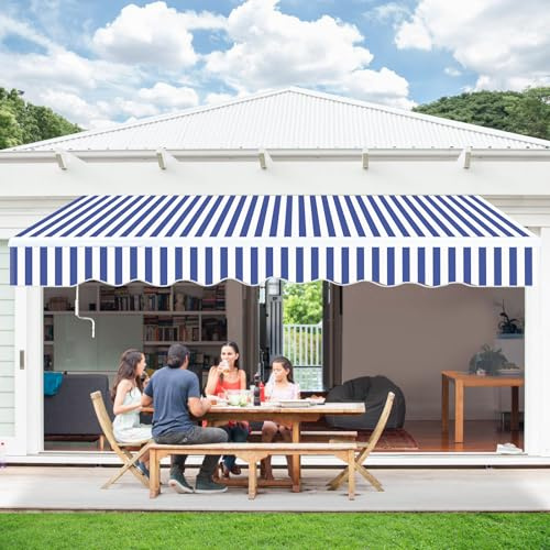 Peviasot Toldo con brazo articulado, 350 x 300 cm, toldo manual con manivela, ajuste de ángulo de hasta 30 grados, protección solar, protección contra el agua, incluye soporte de pared, color azul y