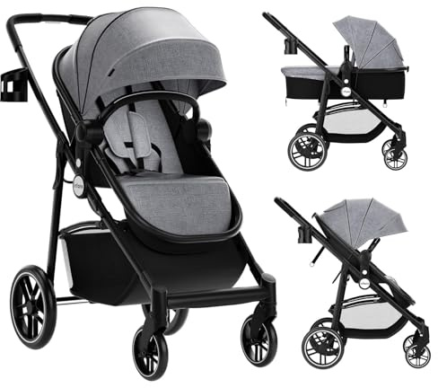 COSTWAY 2 i 1 barnvagn med vändbart säte, vikbar, kombibarnvagn med liggfunktion, justerbart ryggstöd och solskydd, bärbar resevagn, resesystem för baby upp till 3 år (grå)