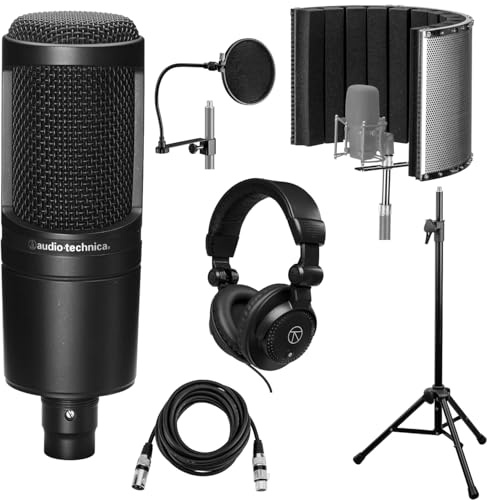 Audio-Technica AT2020 Cardioid Condenser Microphone Bundled with, Reflection Filter, Tripod Mic Stand, Pop Filter, 10' XLR Cable, Studio Headphones, Complete Vocal Recording Setup Kit (6 Items)