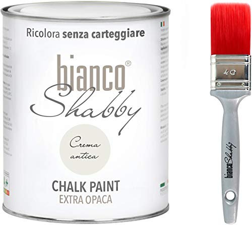 bianco Shabby Pintura a la Tiza para Todas las Superficies - 1 L Chalk Paint Crema Antica + Brocha 40mm para Muebles de Madera - Interior & Exterior