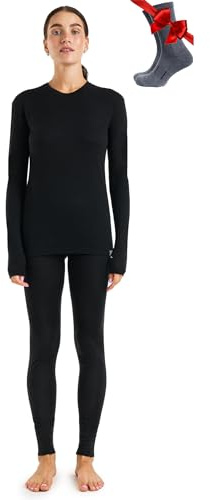 Merino.tech Merino-ull baslager kvinnor set – tungvikt, lite, medelvikt merinoull termiska underkläder för kvinnor, topp, botten, 165 Svart, S