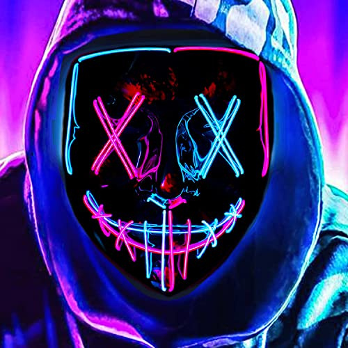 DWTECH Halloweenmask med LED-lampor, upplyst LED-mask med eltrådar, läskig mask för maskerad, cosplay, halloween, festival och fest, ansiktsmask för barn, män och kvinnor (isblå och rosa A)