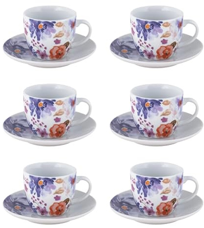 Villa Altachiara Set 6 Tazze da Caffè in Porcellana con Piattini, 80 ml, Decorazione Botanica Multicolor, Ideale per Occasioni Speciali e Uso Quotidiano, Linea Peonia