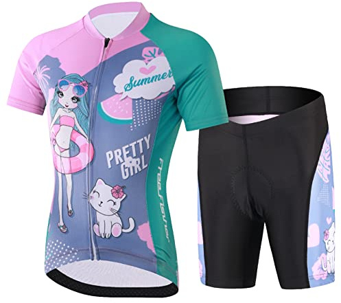 SXSHUN Kinder Jungen Radtrikot Mädchen Fahrrad Trikot Radhose mit Sitzpolster Kurzarm Radshirt Radsport Anzüge, Rosa+Grün, 122-128