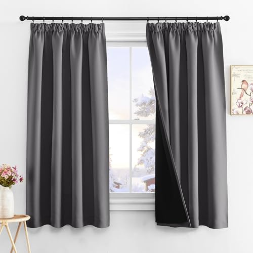 PONY DANCE 100% Blackout Pencil Pleat Curtains - Double Layers, Short, Thermal Insulated for Bedroom/Kitchen, 2x W55 X L63, Grey