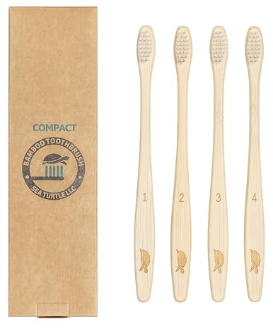 Sea Turtle Plant-Based Bristles, Compact Bamboo Toothbrushes, Soft Natural Toothbrush for Adults (4 Pack)