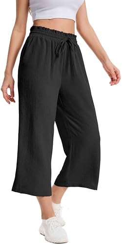 WUWUSKY Womens Capri Pants Wide Leg Trousers Elasticated High Waisted Summer Pants with Pocket,Black,S