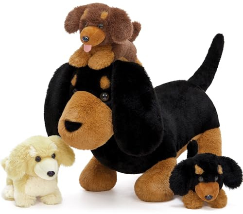 MorisMos Dackel Hund Kuscheltier XXL mit 3 Baby im Bauch, groß plüsch dackel plüschtier stofftier, schwarz wursthund Geburtstag Weihnachten Geschenk Kinder