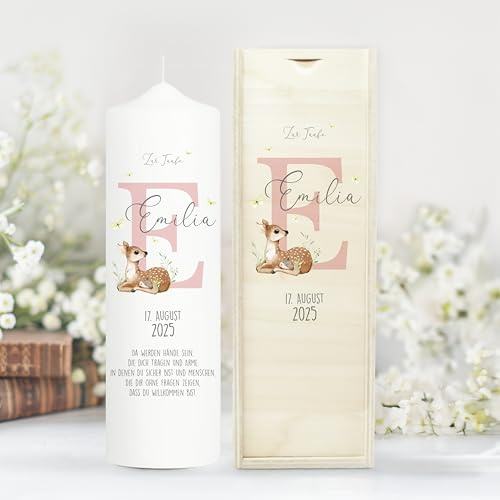 Bougie Baptême personnalisée Fille Garçon motif Faon – Cierge Baptême avec prénom et date – Bougie imprimée – cierge personnalisé – 25 x 7 cm